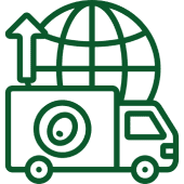 Truck with globe and arrow icon.